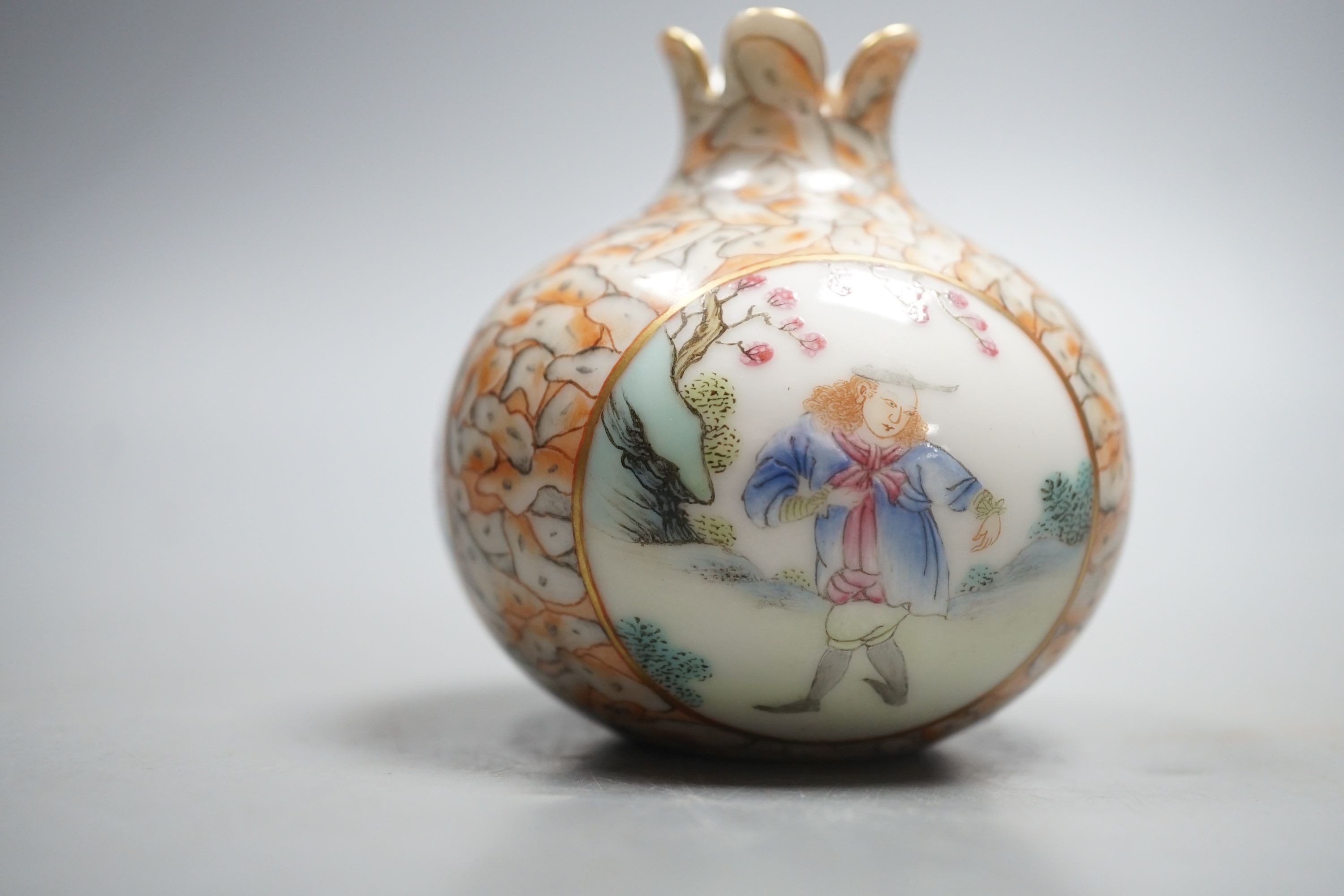 A Chinese enamelled porcelain fencai pomegranate shaped vase, 8 cm high